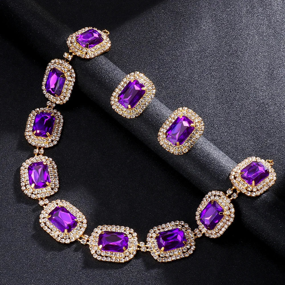 Stonefans Rhinestone Purple Necklace Earrings Set