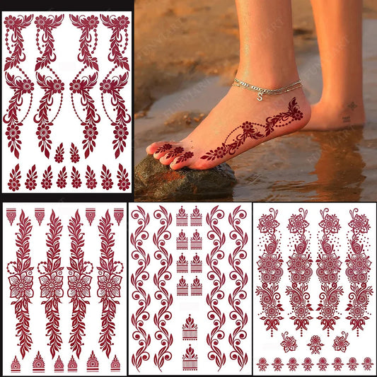 Brown Henna Tattoo Stickers for Foot Hand Flower Fake Tattoo for Women Waterproof Temporary Tattoos for Wedding Party Festival