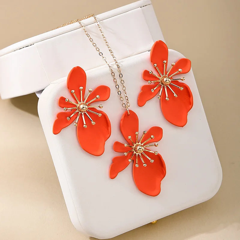 Korean Necklace Earring Jewelry Set Designer Enamel Flower Necklace