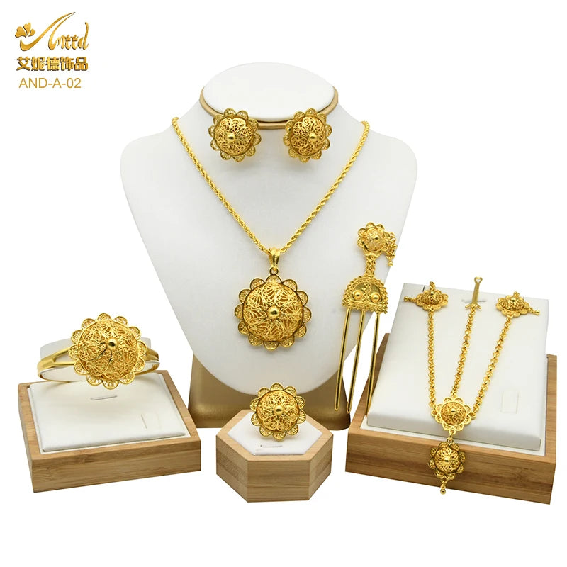 ANIID Ethiopian Gold Plated 6PCS Jewelry Set For Women Indian Red Crystal Luxury Jewellery Sets