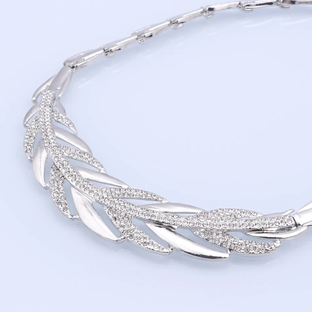 Silver Color Dubai Jewelry Set for Women Crystal Necklace Earrings with Bangle Ring