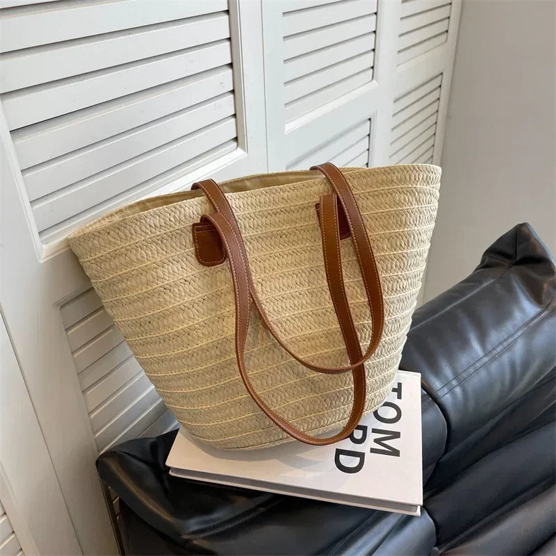 Women Braided Basket Clutches Top-handle Bag Large Straw Portable Shoulder Bags