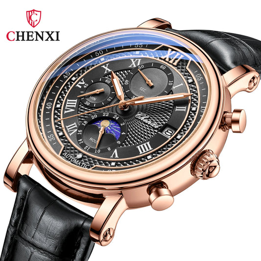 Men's Watch Leather Chronograph Date Quartz Watches Phase Moon Luminous Wrist Watch