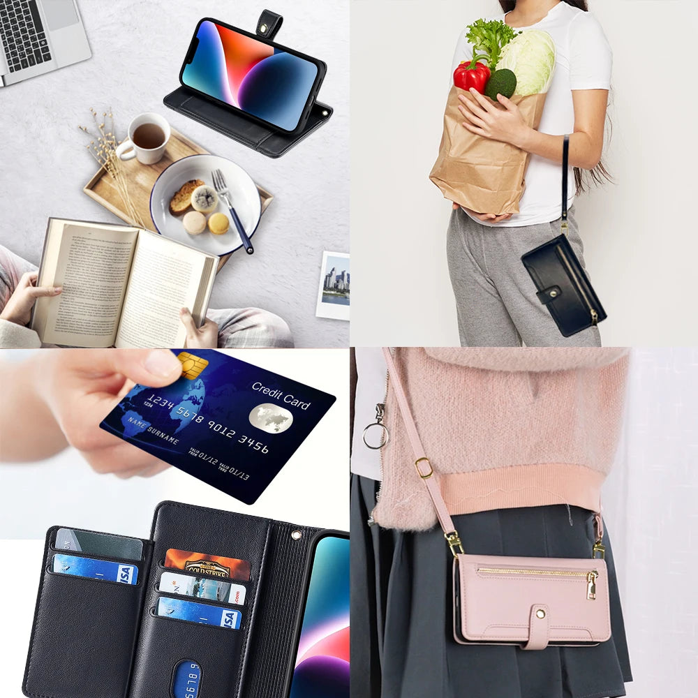 Ladies Card Slots Wallet Crossbody Phone Case for iPhone 15 14 13 12 11 Pro Max Cover with strap