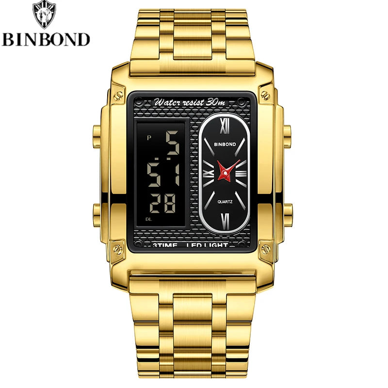 BINBOND Brand Luxury Watches for Men Fashion Quartz Wristwatch Square Gold Stainless Steel Watche