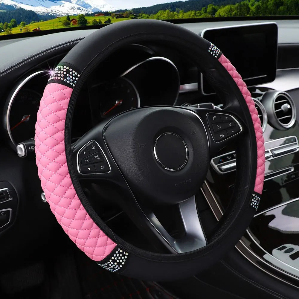 Car Steering Wheel Cover Without Inner Ring 37-38cm Three-dimensional Leather Embroidered Color Diamond-encrusted Breathable - Hiron Store