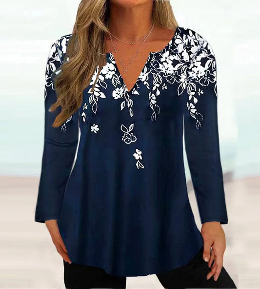 Cute Long Sleeve Floral Print Deep V Neck Tops for Women Hot Selling Trendy T Shirts - Hiron Store