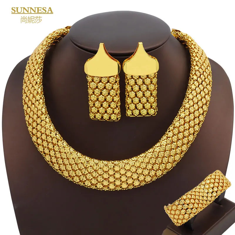 SUNNESA Trendy African Jewelry Set for Women Chunky Necklace Earrings Dubai Gold Plated Bracelet Fashion Jewellery for Party - Hiron Store