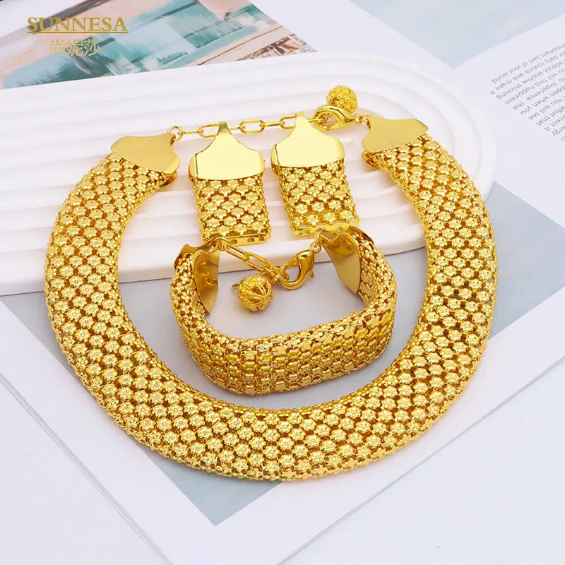 SUNNESA Trendy African Jewelry Set for Women Chunky Necklace Earrings Dubai Gold Plated Bracelet Fashion Jewellery for Party - Hiron Store