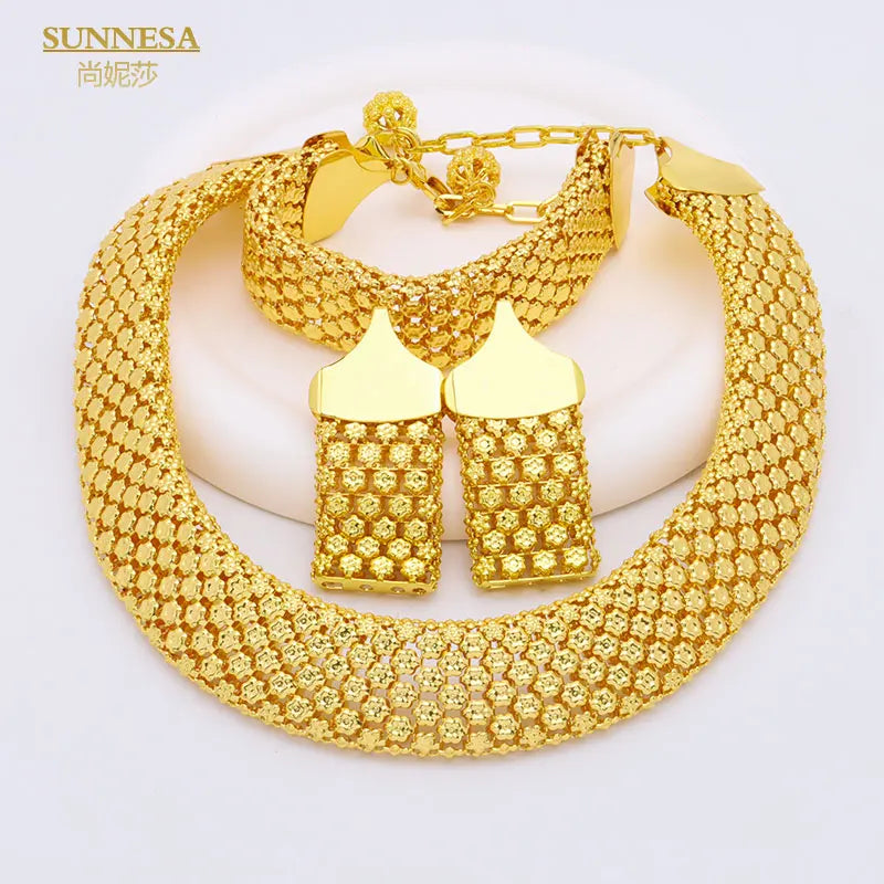 SUNNESA Trendy African Jewelry Set for Women Chunky Necklace Earrings Dubai Gold Plated Bracelet Fashion Jewellery for Party - Hiron Store