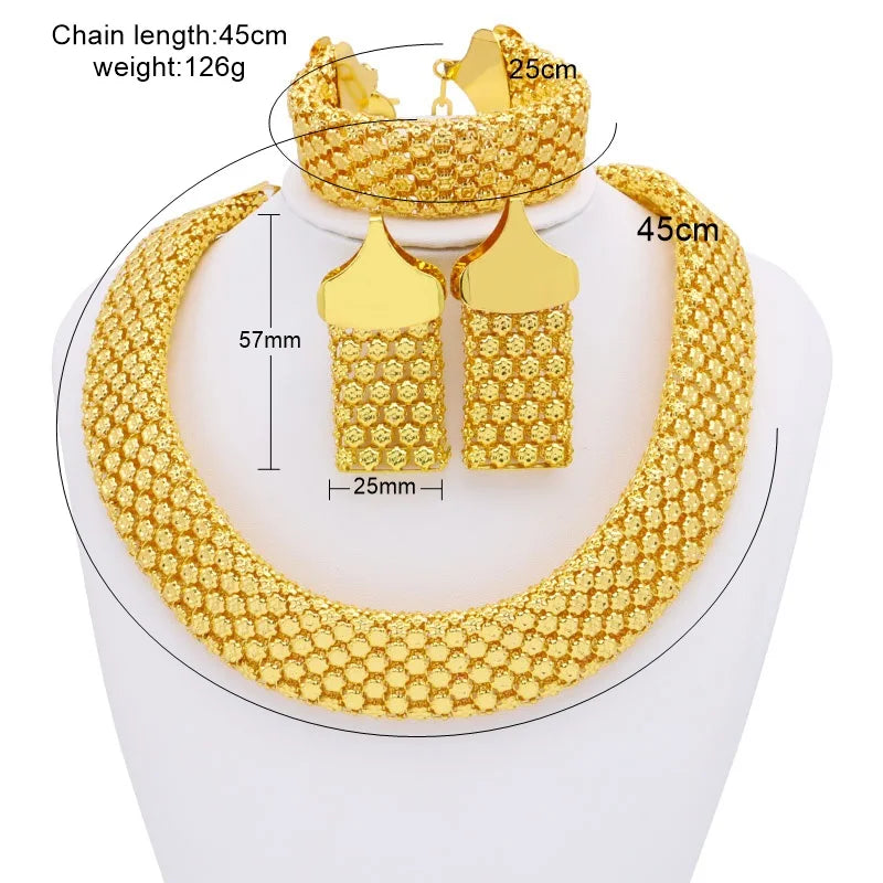 SUNNESA Trendy African Jewelry Set for Women Chunky Necklace Earrings Dubai Gold Plated Bracelet Fashion Jewellery for Party - Hiron Store