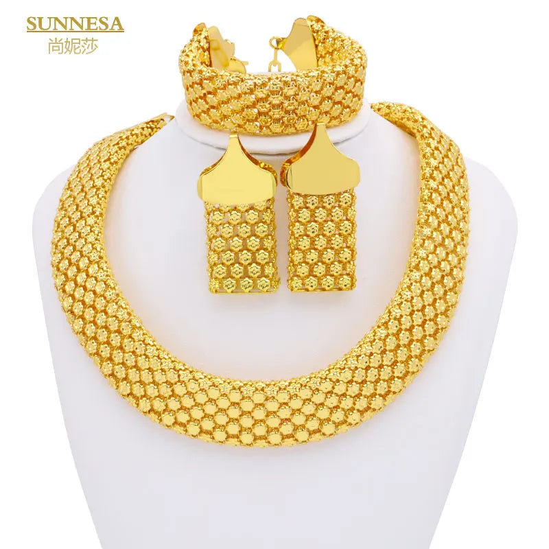 SUNNESA Trendy African Jewelry Set for Women Chunky Necklace Earrings Dubai Gold Plated Bracelet Fashion Jewellery for Party - Hiron Store