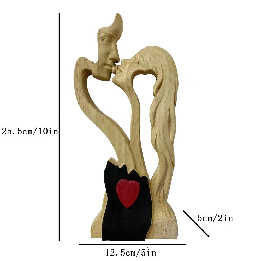 Love Eternal Wood Ornaments Wooden-Heart Desktop Sculpture Couple Kissing Statue Art Ornaments