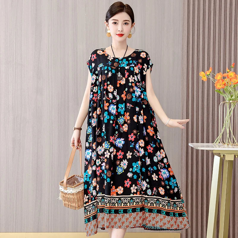 Summer Dress For Women Print Loose O-Neck Cotton Women's Clothing Dresses