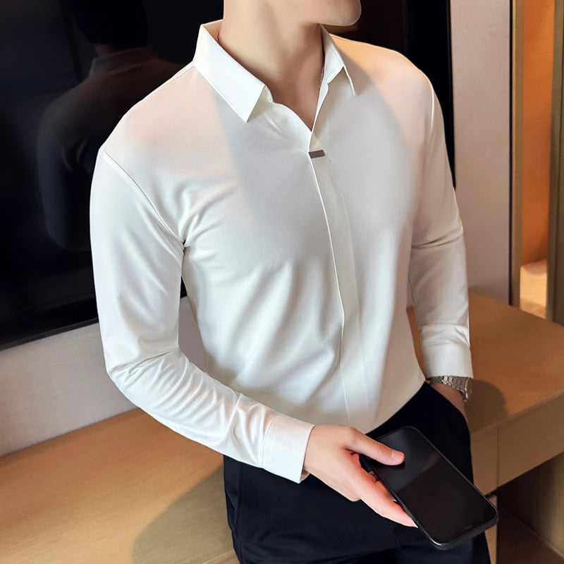 High Elastic V-neck Non-marking POLO Shirt, Autumn Long sleeved Casual Business, Solid Color  T-shirt, Men's Clothing