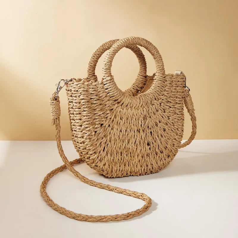 Handwoven Straw Rattan Half-Moon Beach Handbag Large Capacity Crossbody Shoulder Bag