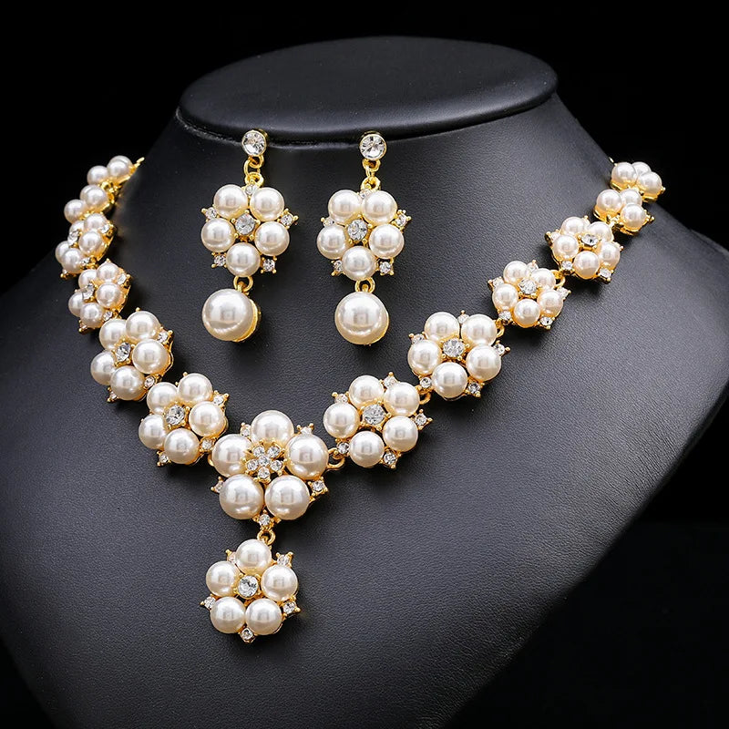 Fashion Women Bridal Elegant Wedding 3pcs/set Party Pearl Rhinestone Angle Necklace Earrings Jewelry Set Banquet Gift - Hiron Store