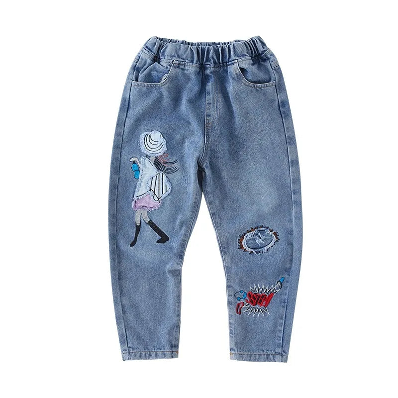 Girls  Jeans spring autumn Korean Wild Loose cartoon print Elastic Waist Straight Thin Wide-leg