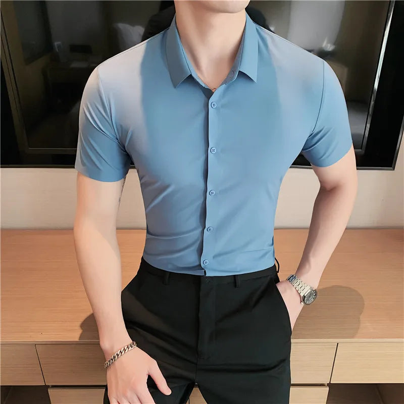 Men's Ultra Stretch  Long Sleeve Shirt, Top Quality Business Casual, Breathable   Solid Color Formal Dress Shirt