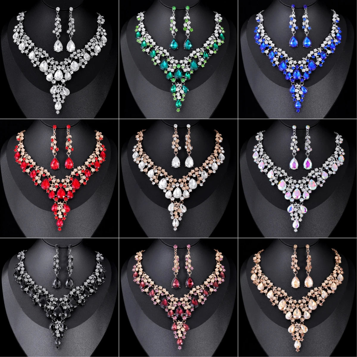 11 Colors Luxury Crystal Necklace Earrings Set