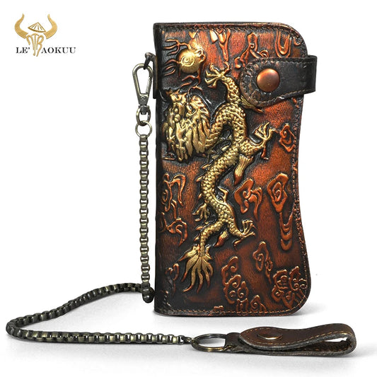 Luxury Male Cattle Real Leather Design Dragon Emboss Check book Iron Chain Organizer Wallet Purse