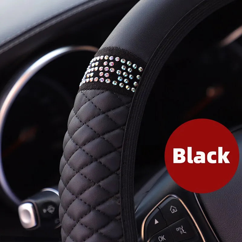 Car Steering Wheel Cover Without Inner Ring 37-38cm Three-dimensional Leather Embroidered Color Diamond-encrusted Breathable - Hiron Store