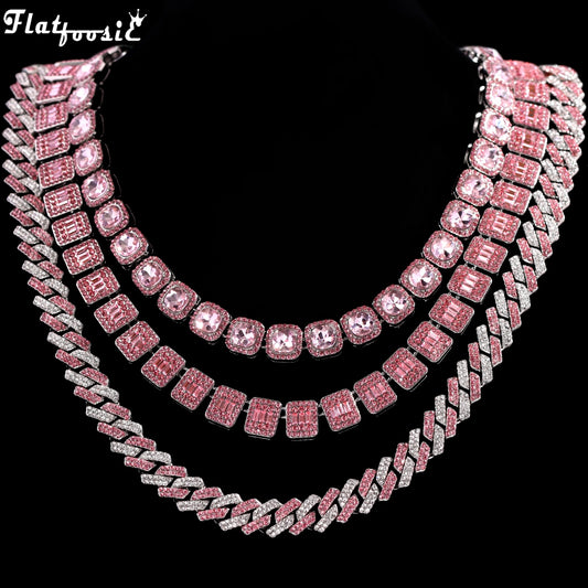 Hip Hop Pink Crystal Cuban Link Chain Necklace for Women Bling Iced Out Silver Color Rhinestone Paved Choker Necklaces Jewelry - Hiron Store