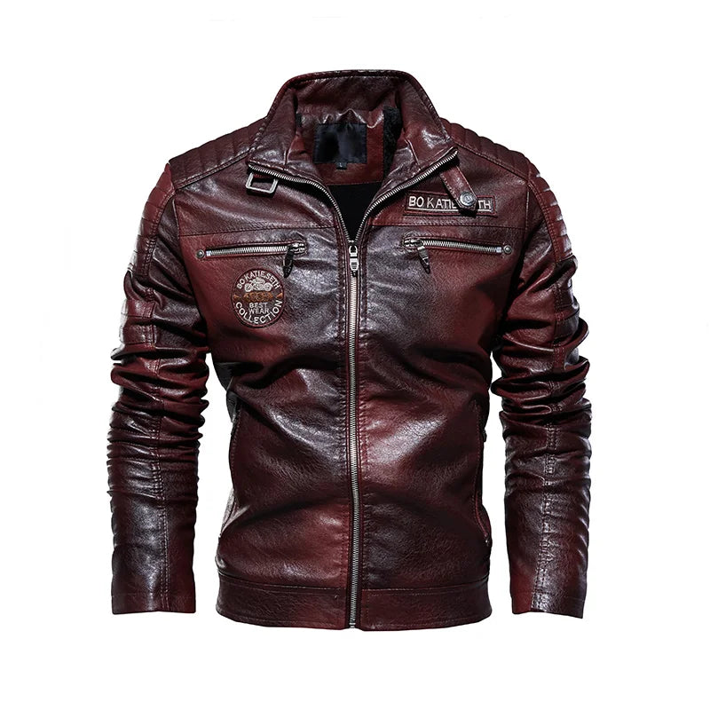 Leather Jacket Men Winter Fleece Motorcycle Faux Jackets Removable Fur Collar Windbreaker Slim Coat