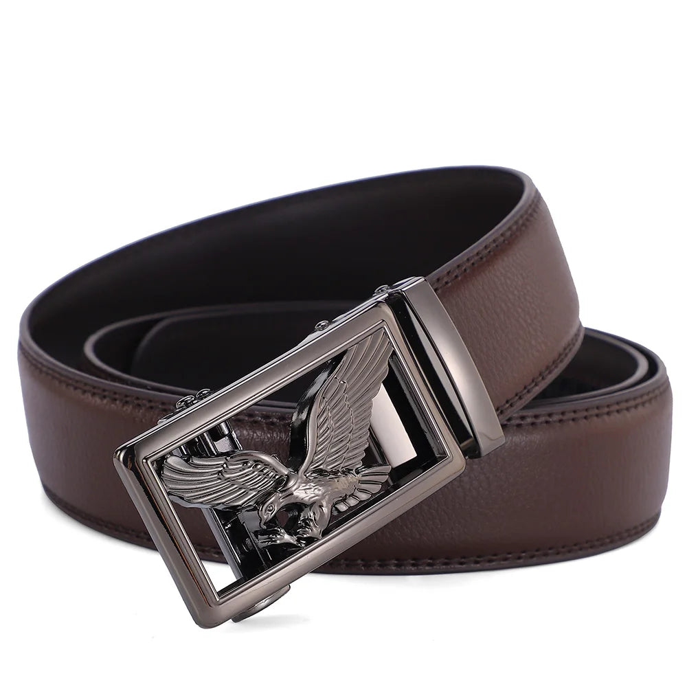 Genuine Leather Men's Belt Golden Gary Automatic Eagle Buckle High Quality