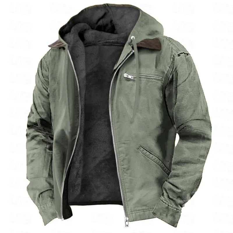2026 men's European solid-color hooded   fleece jacket casual cotton zipper coat With pocket