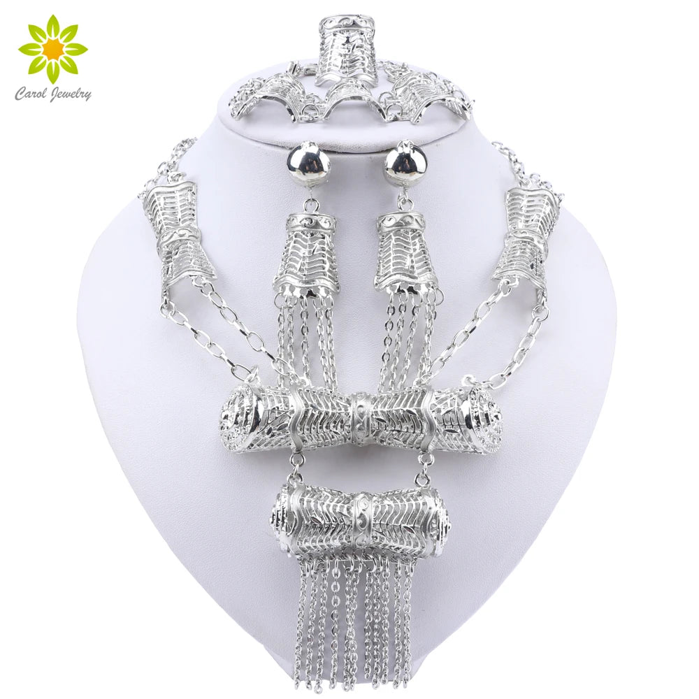 Luxury Dubai Silver Colour Jewellery Sets Necklace Bracelet Earrings Ring Set