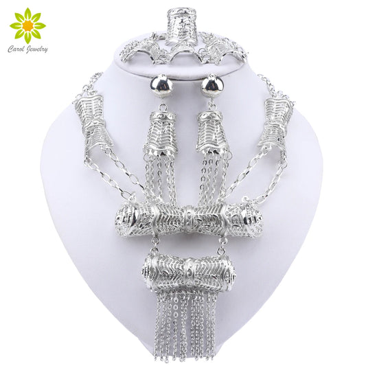 Luxury Dubai Silver Colour Jewellery Sets Necklace Bracelet Earrings Ring Set