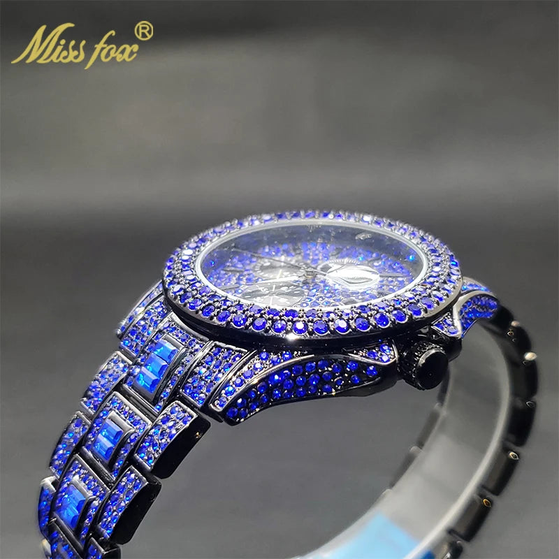 Blue Iced Out Watches For Men Diamond Quartz Watch