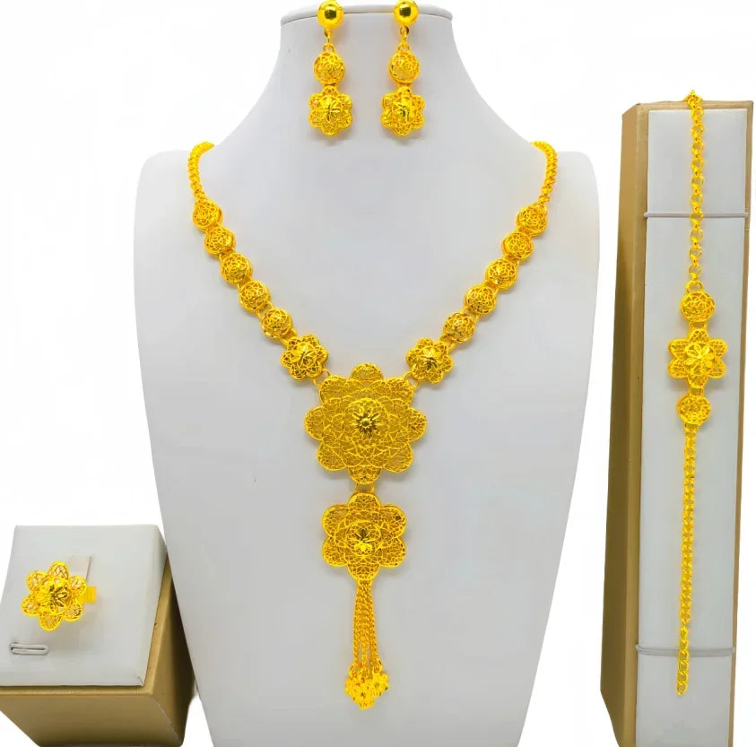 Fashion India Latest Design Jewelry Luxury African Jewelry Necklace Earrings Ring Bracelet Set Dubai Gold Color