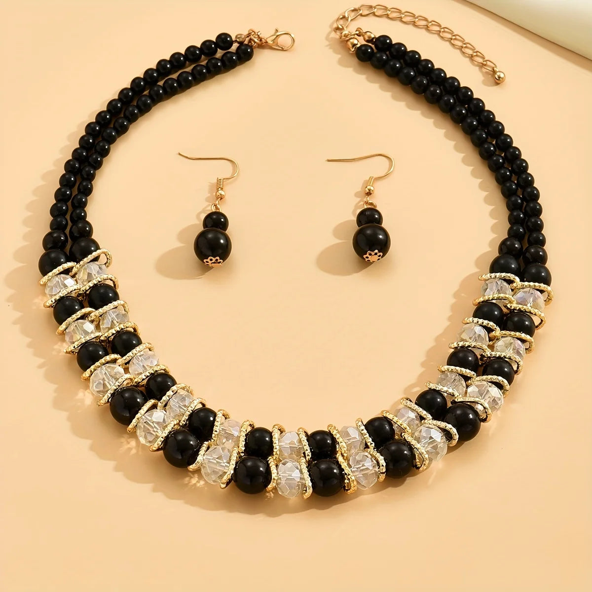 Earrings + Necklace Boho Style Jewelry Set Made Of Black And White Artificial