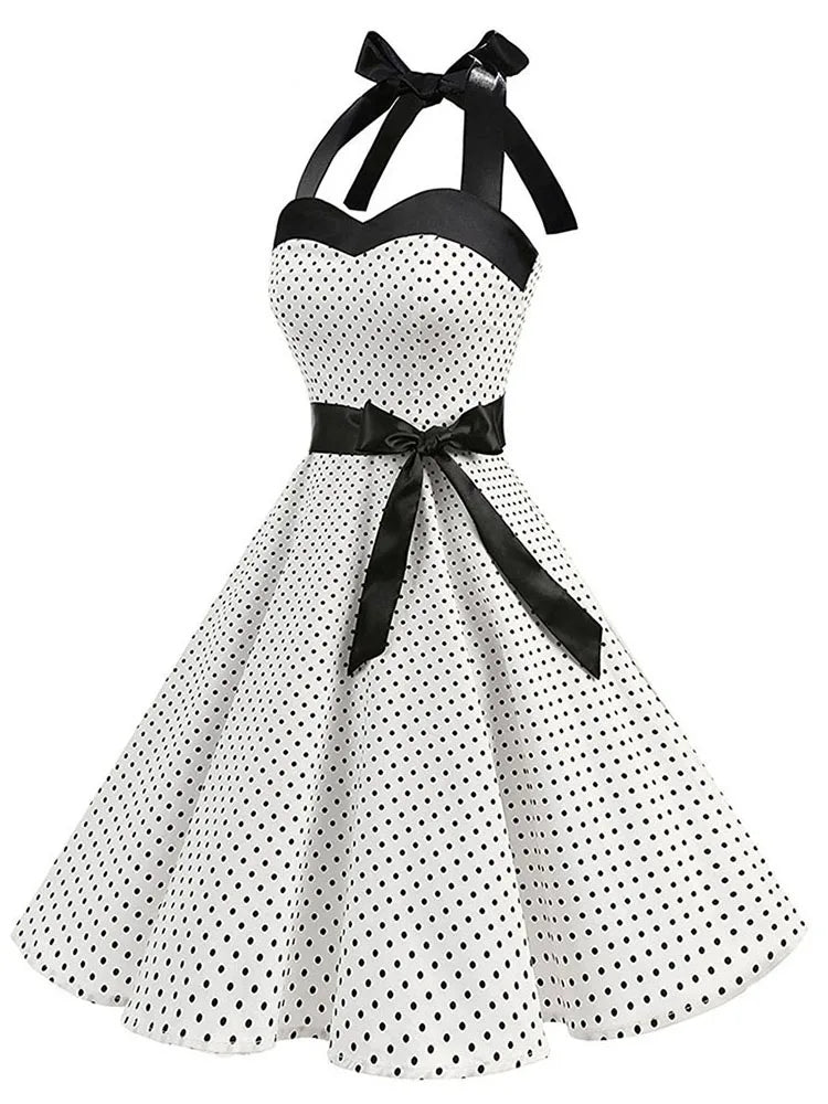 Women Polka Dot Print Summer Dress Sexy Retro White Halter Vintage Dress