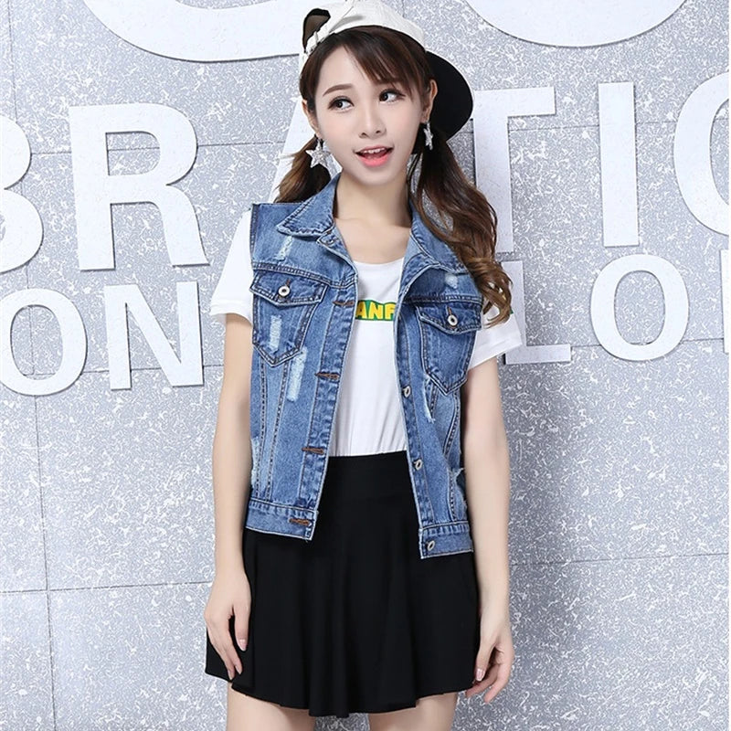 Women Clothes 2024 Sleeveless Jean Waistcoat Short Jacket Female Outerwear