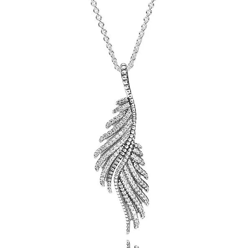 Sterling Silver Majestic Feathers Earring Necklace With Crystal For Women Jewelry Set