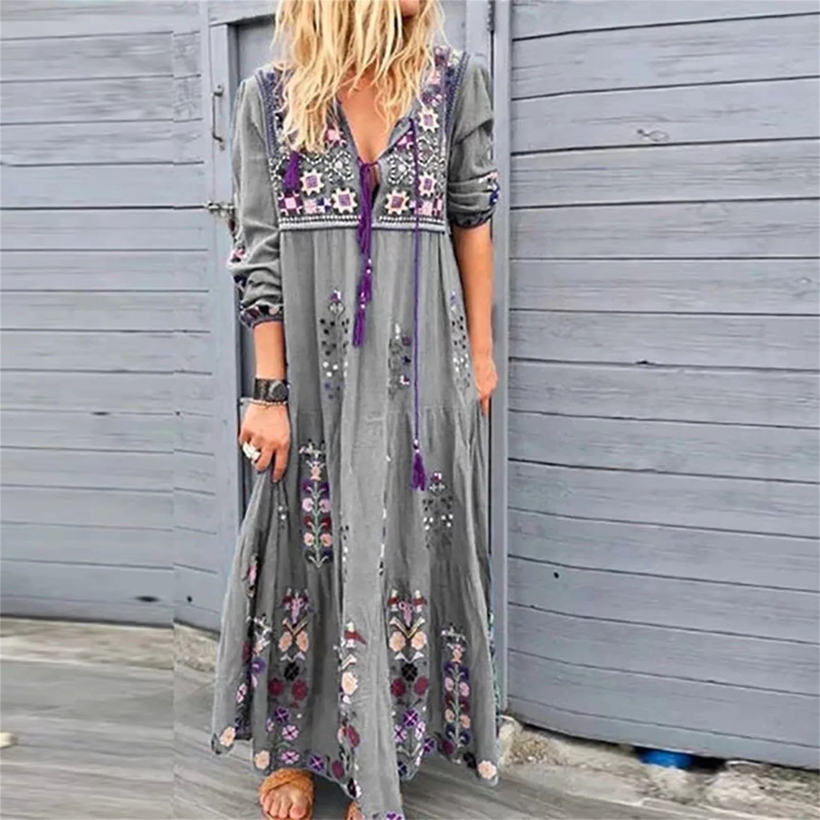 Bohemian Flower Dress For Women Elegant Long Floral Party Dresses Female V Neck Short Sleeve Summer Boho Maxi Dress 2024 - Hiron Store