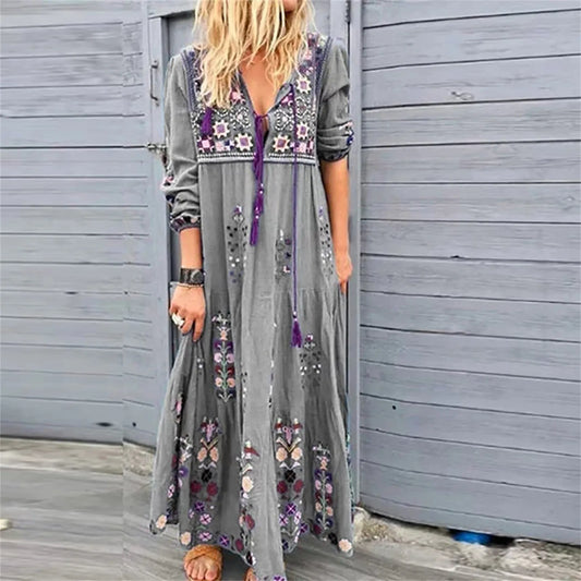 Bohemian Flower Dress For Women Elegant Long Floral Party Dresses Female V Neck Short Sleeve Summer Boho Maxi Dress 2024 - Hiron Store