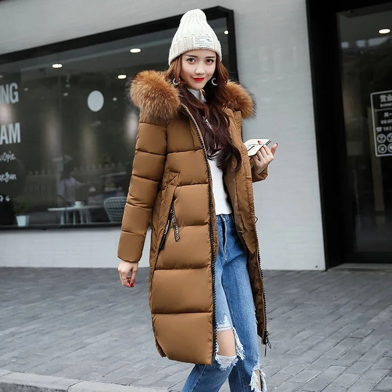 Women's Winter Jacket Big Fur Collar Thick Slim Coat Hooded Cotton Outerwear