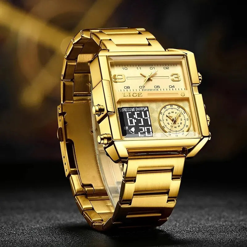 LIGE Luxury Original Men Sports Wrist Watch Gold Quartz Steel Waterproof Watches