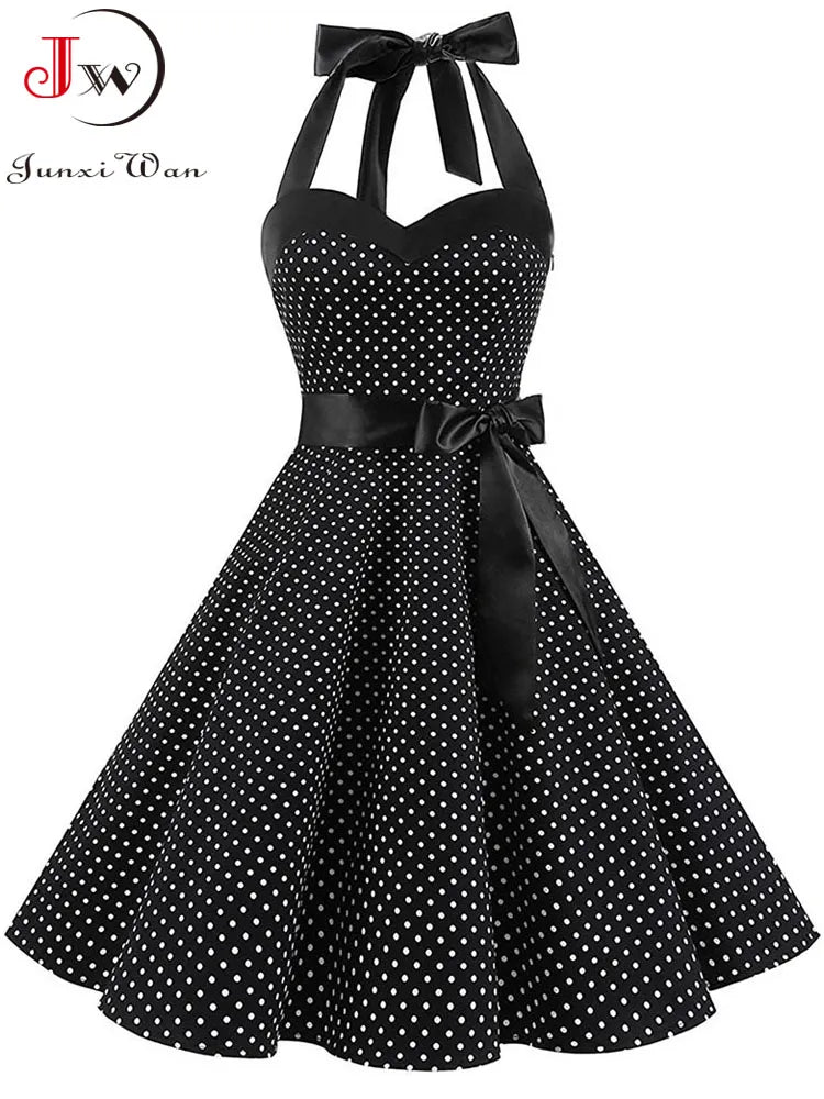 Women Polka Dot Print Summer Dress Sexy Retro White Halter Vintage Dress