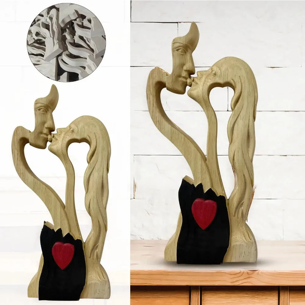 Love Eternal Wood Ornaments Wooden-Heart Desktop Sculpture Couple Kissing Statue Art Ornaments