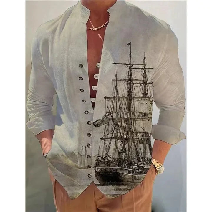 Spring Autumn Sailboat printin Hot Sale Men's Long-Sleeved Shirts Solid Color Stand-Up Collar  Casual Style Plus Size Shirts New - Hiron Store