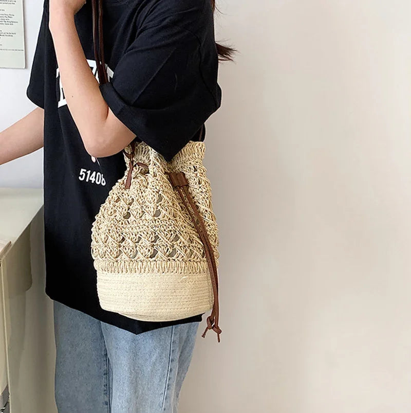 Chic Bucket Shape Crossbody Shoulder Bags Handmade Straw Hollow out Bag Pouch Female Travel Phone Purse Vintage Handbags - Hiron Store