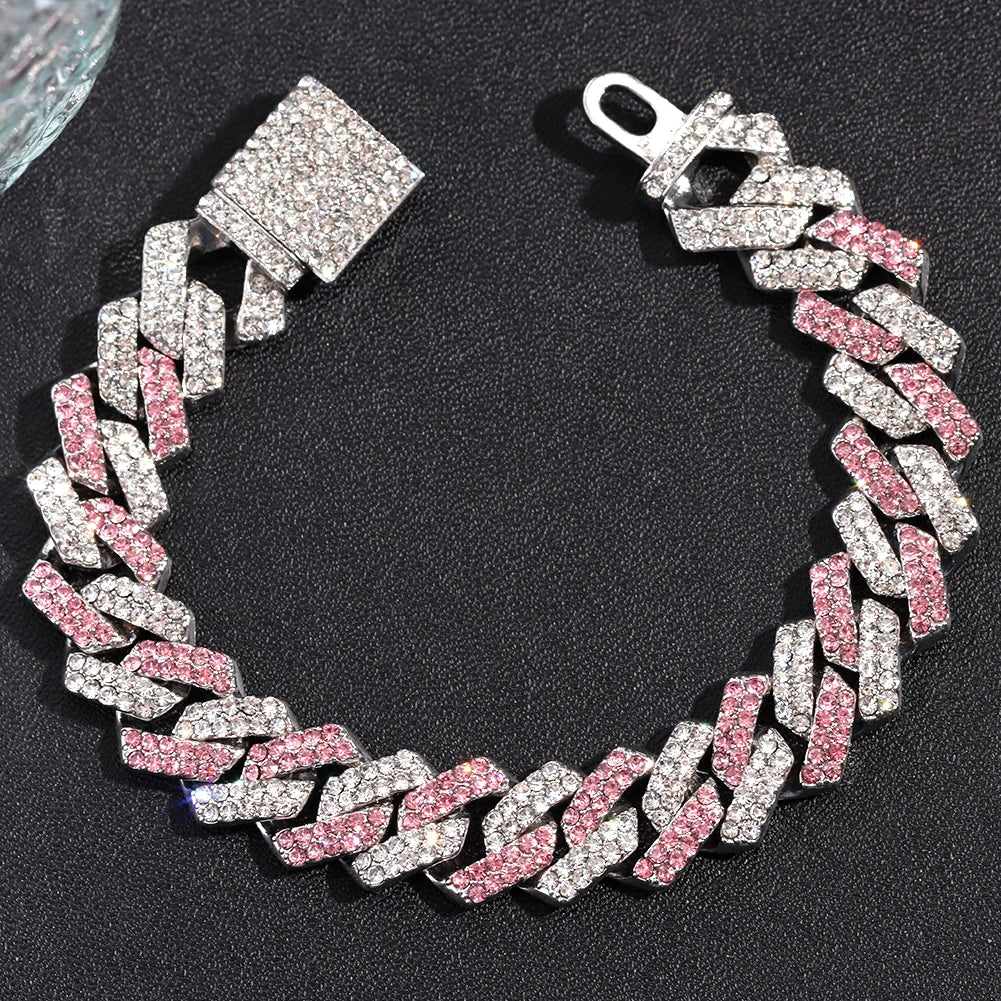 Punk Hip-hop 14MM Cuban Chain Bracelet For Women Men Bling AAA 2 Row Rhinestone Prong Cuban Bracelets Couple Gifts Jewellery