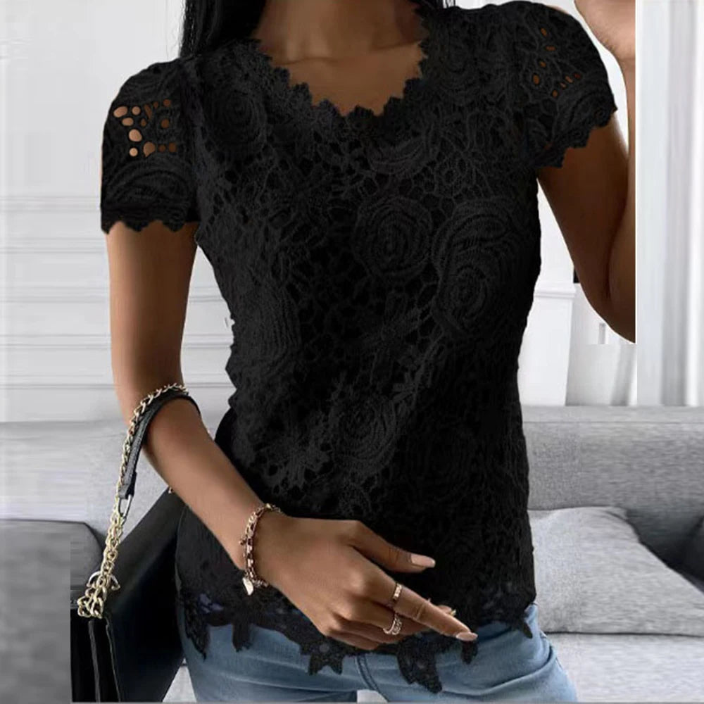 Womens Lace Round Neck Tops T-Shirts Ladies Summer Casual Short Sleeve Blouse Pullover Fashion Clothing For - Hiron Store