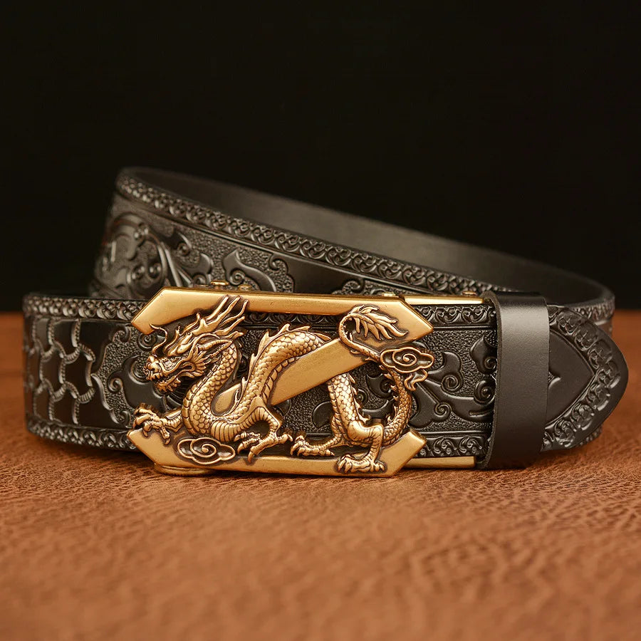 Genuine Leather Belt Luxury Gold Dragon Metal Automatic Buckle Cowhide Belts for Men Jeans Waistband Male Strap