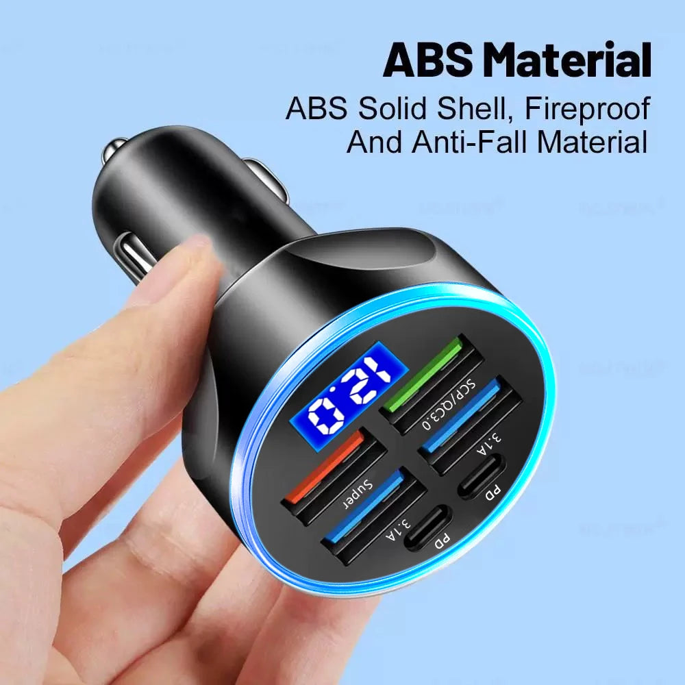 250W PD Car Charger QC3.0 Fast Charge One to Six Car Cigarette Lighter Plug 5 Port Car Chargers with Digital Display